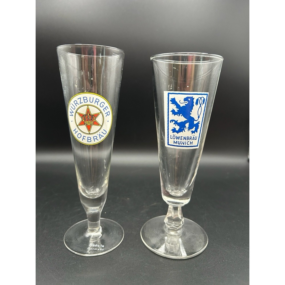 Lot of 2 Vintage German Stemmed Beer Glasses Lowenbrau Munich Wurzburger Hofbrau